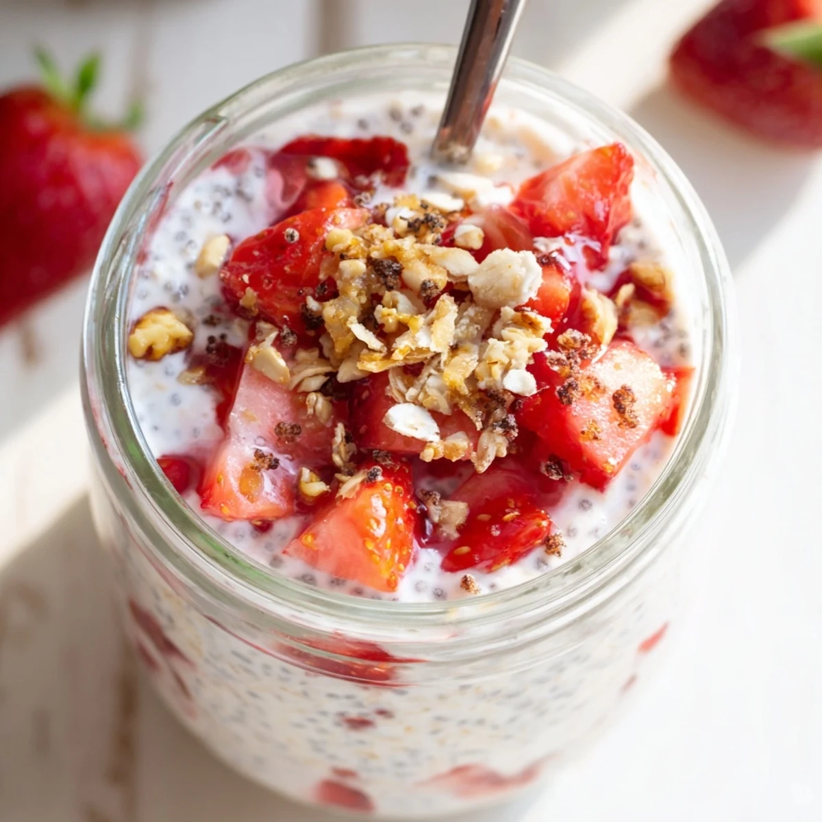 Creamy strawberries and cream overnight oats topped with fresh diced red berries in glass jars