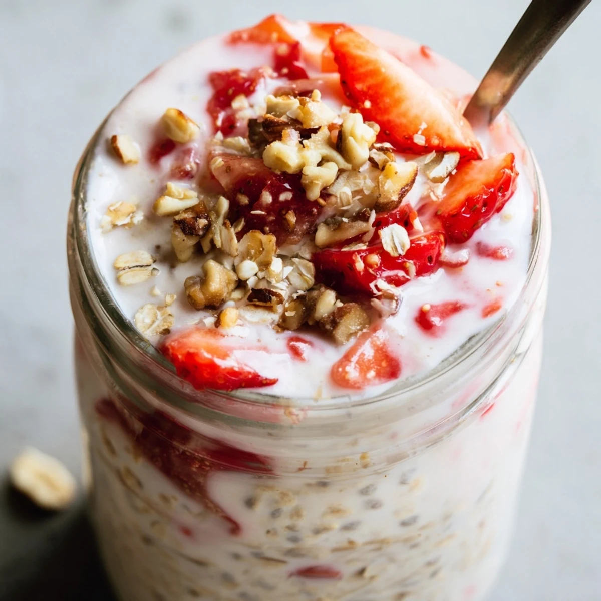 Glass jars filled with strawberries and cream overnight oats layered with juicy fruit pieces