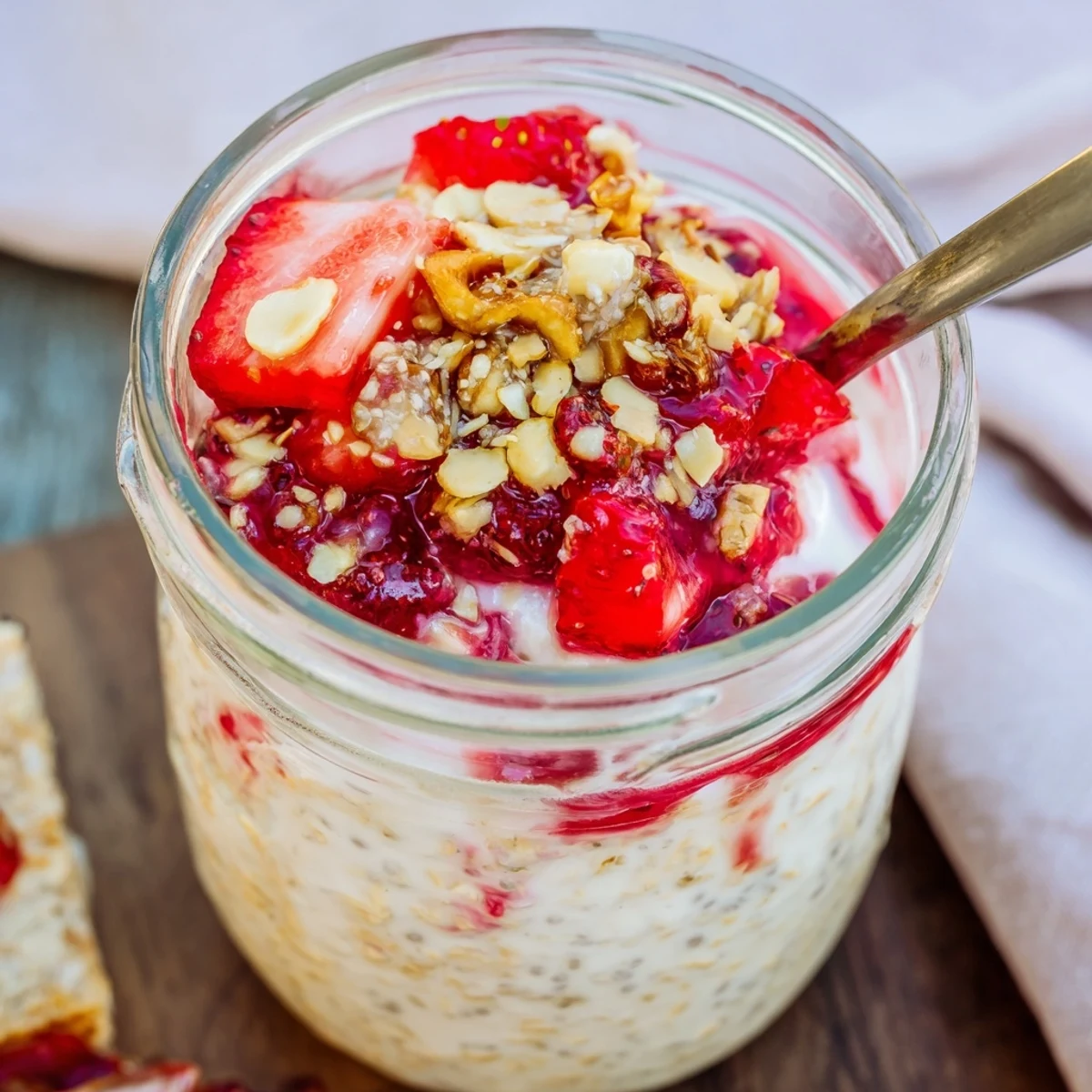 Spoonful of rich strawberries and cream overnight oats featuring plump berries and white yogurt swirls