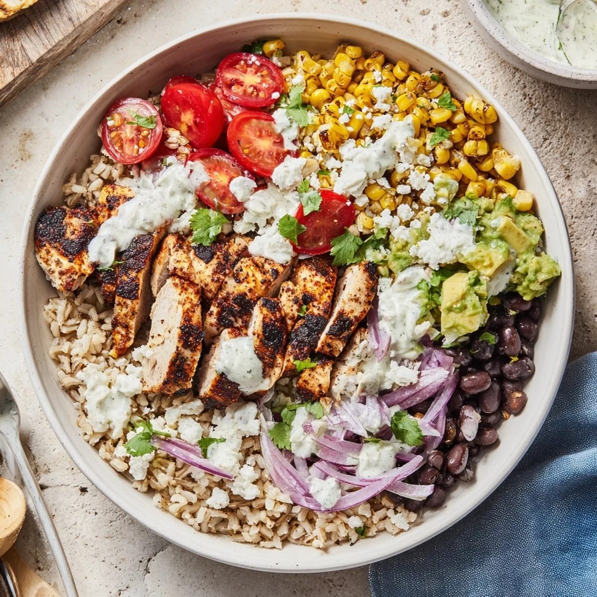Colorful protein packed street corn chicken bowl featuring spiced grilled chicken, sweet corn, cotija cheese, fresh cilantro, and creamy lime dressing.