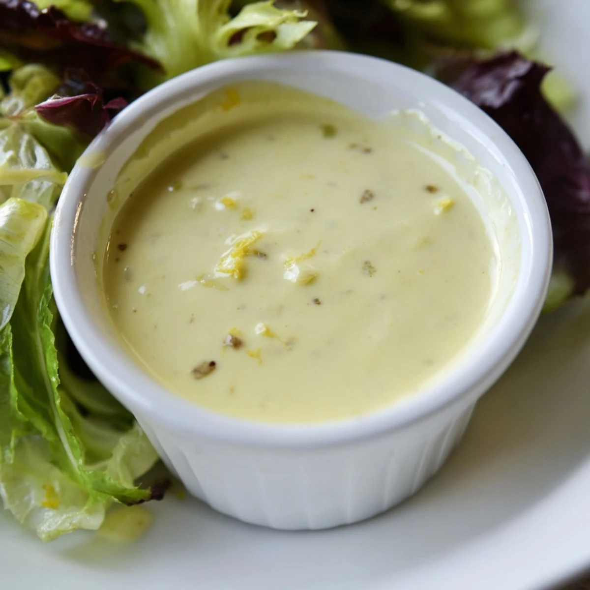 Glass jar of creamy lemon vinaigrette dressing with fresh lemon zest garnish