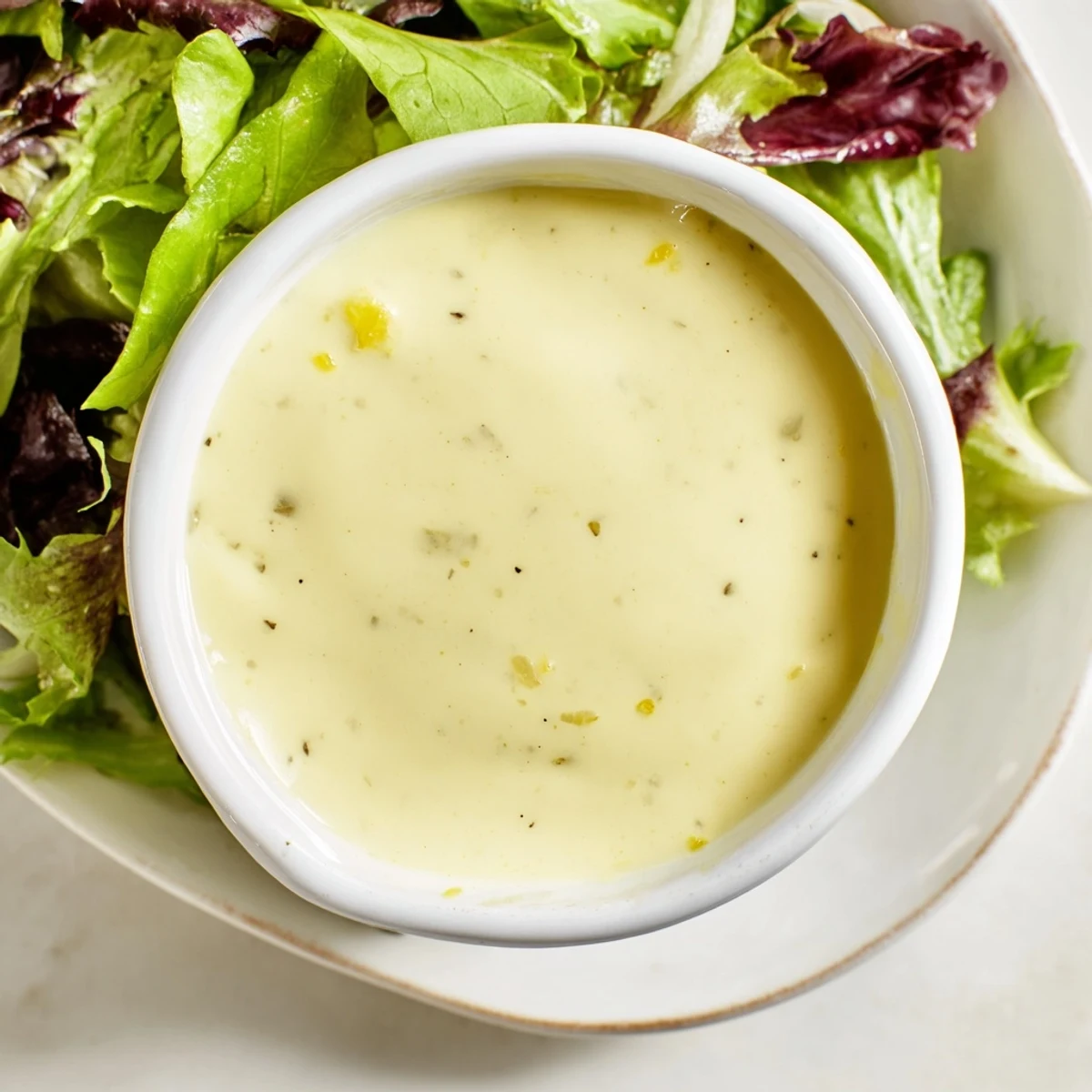 Golden olive oil emulsion creating smooth pale yellow lemon vinaigrette in bowl