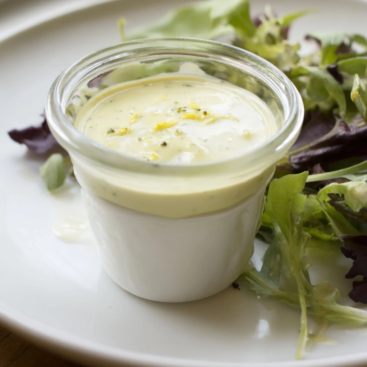 Drizzled creamy lemon vinaigrette coating fresh green salad with visible herb specks