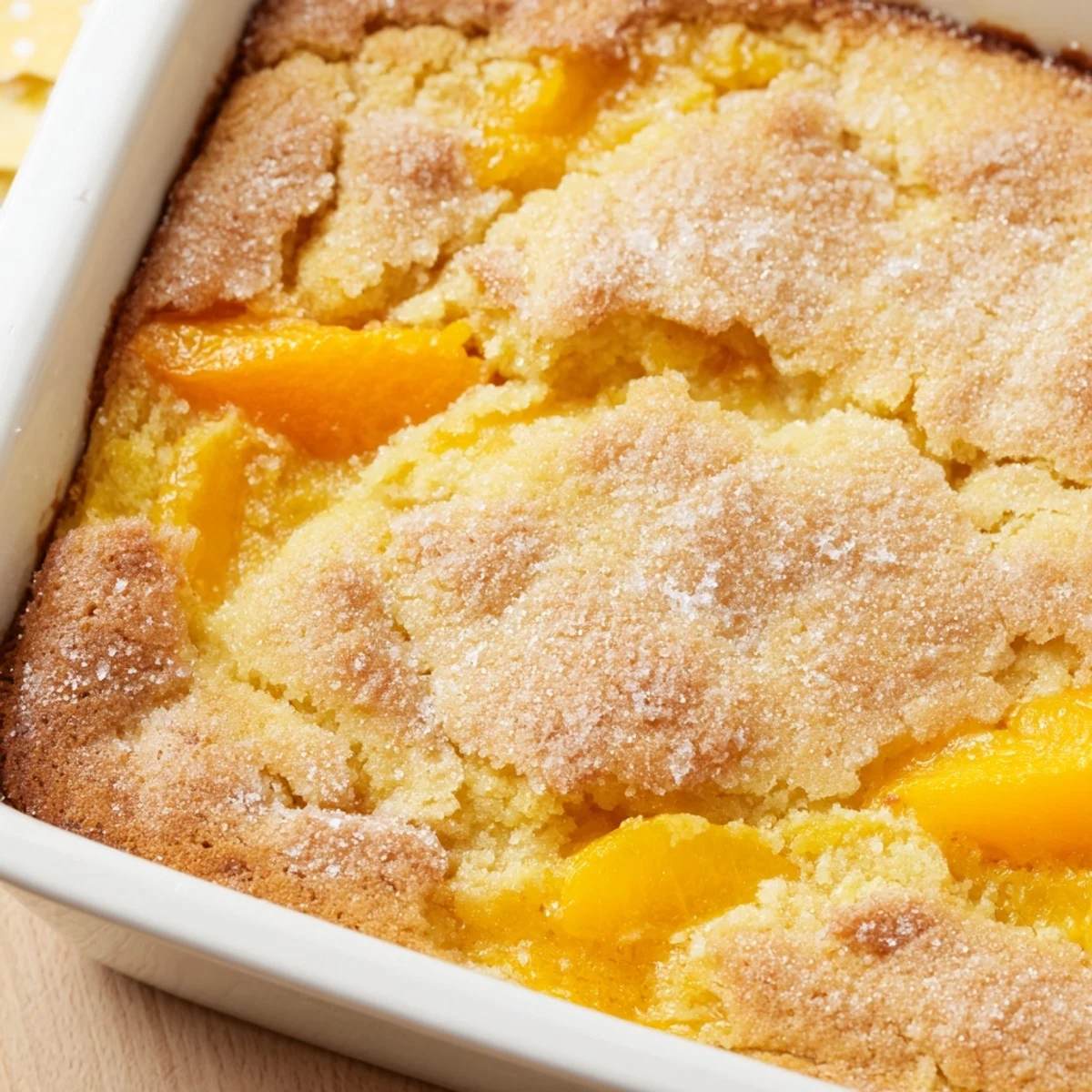 Sliced citrus lemon dump cake serving showing layered fruit filling and tender cake crumbs