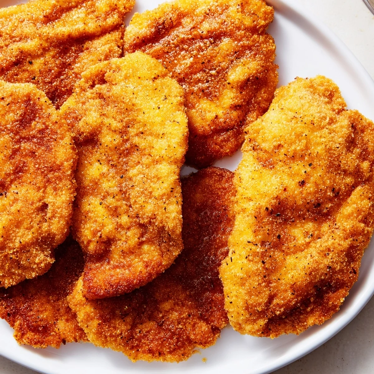 Golden brown crispy chicken fried chicken breasts arranged on a wire rack with excess oil draining