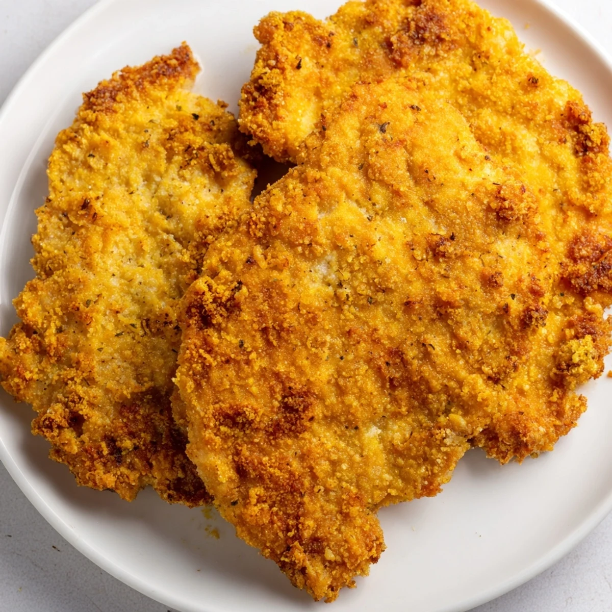 Double-dipped crispy chicken fried chicken showcasing a thick seasoned coating with tender juicy meat inside