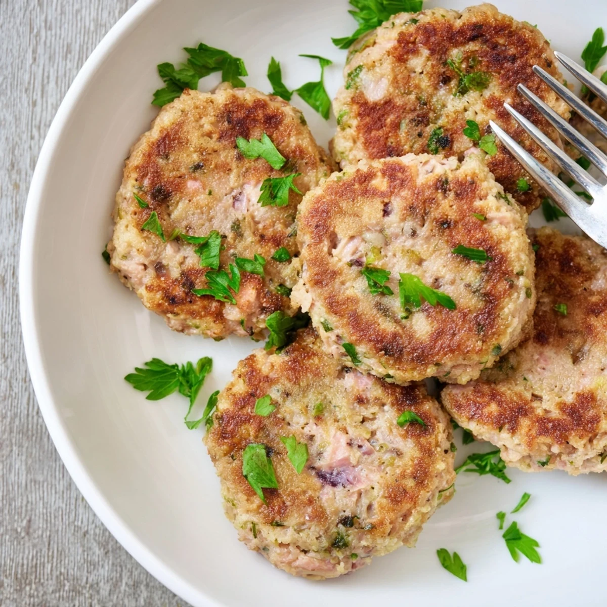 Golden brown easy salmon cakes with canned salmon served on a white plate with fresh lemon wedges and parsley garnish