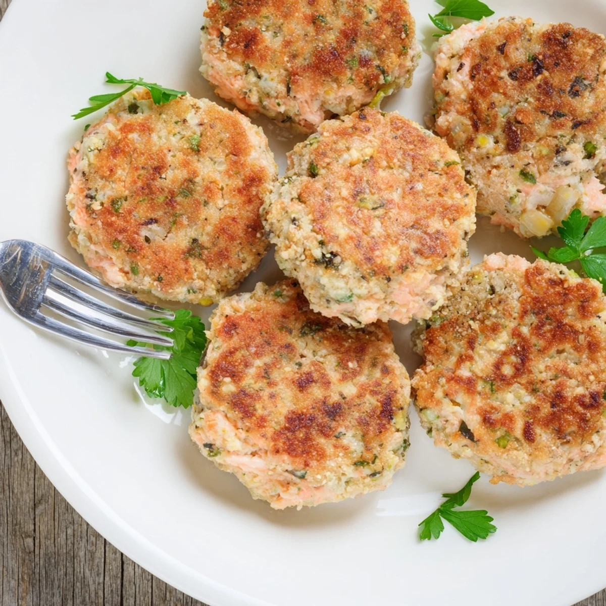 Crispy pan-fried easy salmon cakes with canned salmon arranged on a rustic wooden board alongside zesty lemon slices