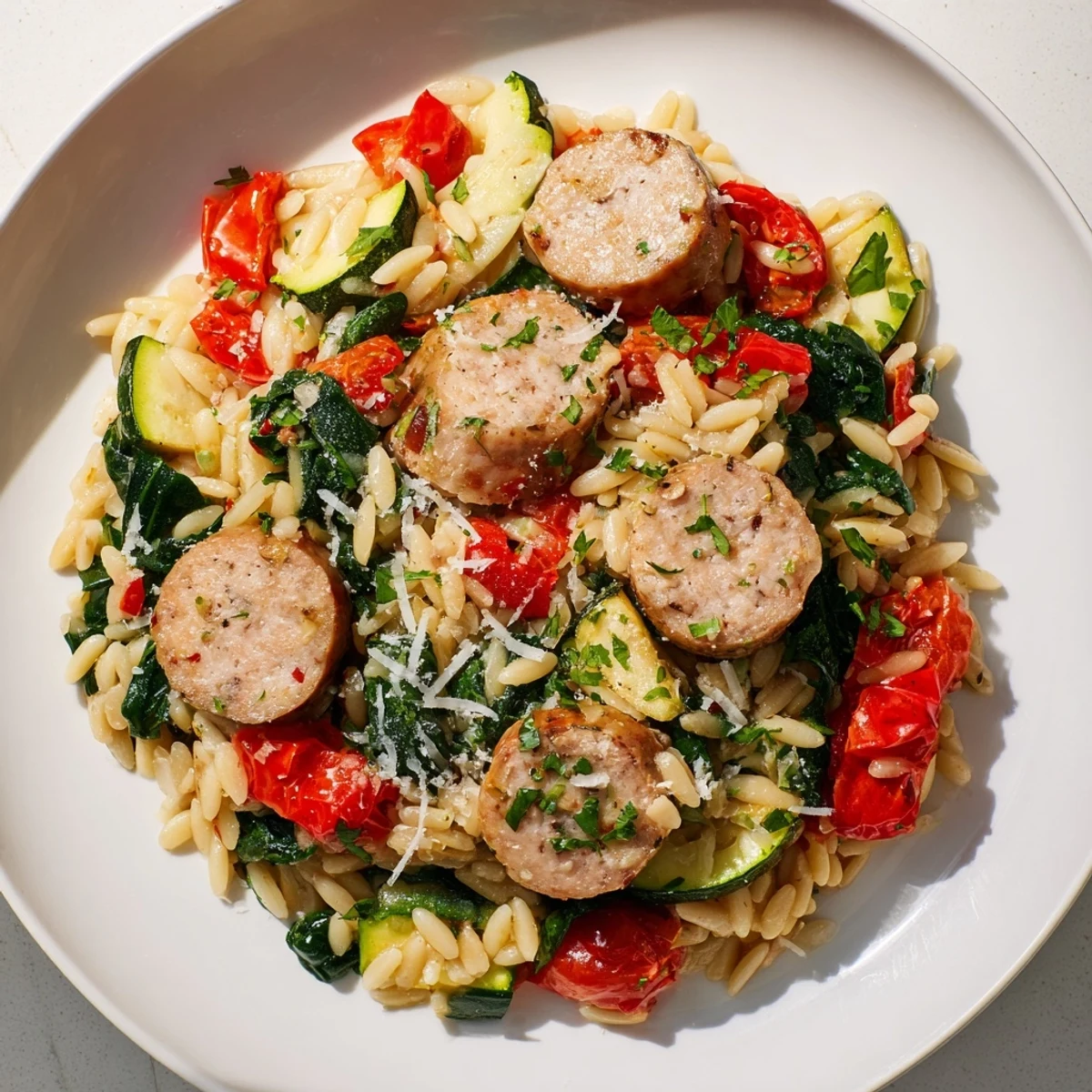 Golden chicken sausage orzo one pot meal with colorful vegetables in a rustic bowl