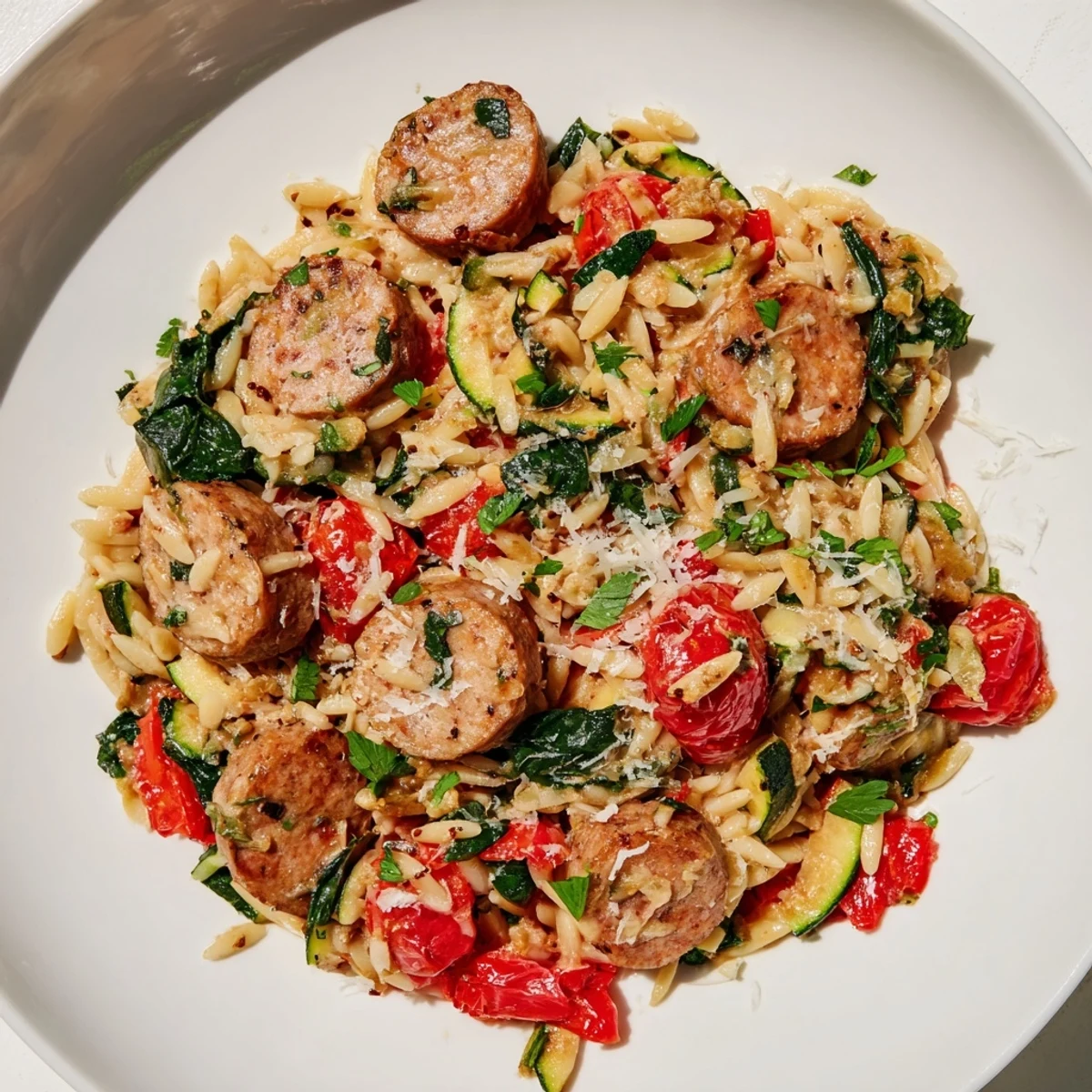 Creamy chicken sausage orzo one pot meal featuring tender pasta and fresh spinach leaves