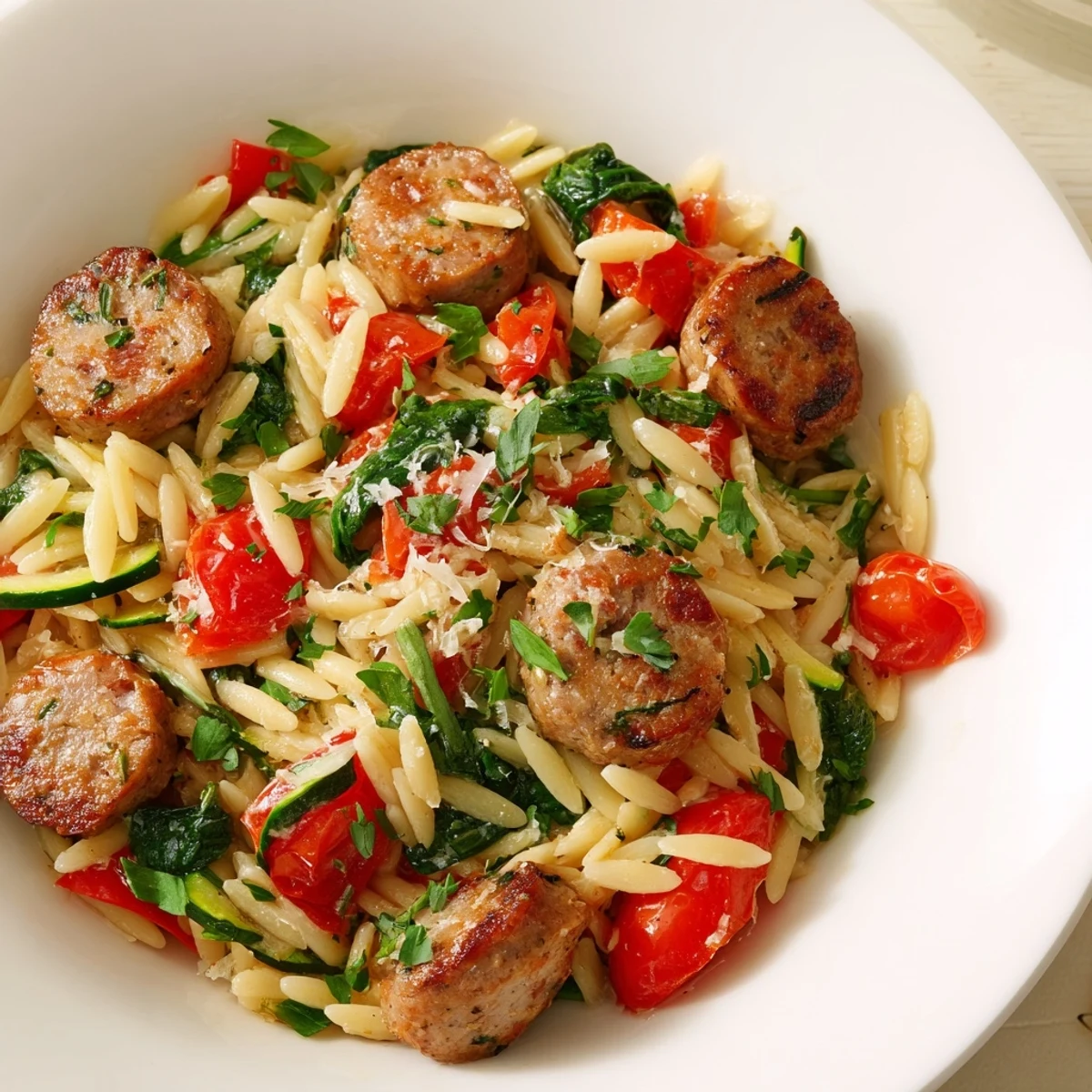Hearty chicken sausage orzo one pot meal steaming hot with diced red bell peppers