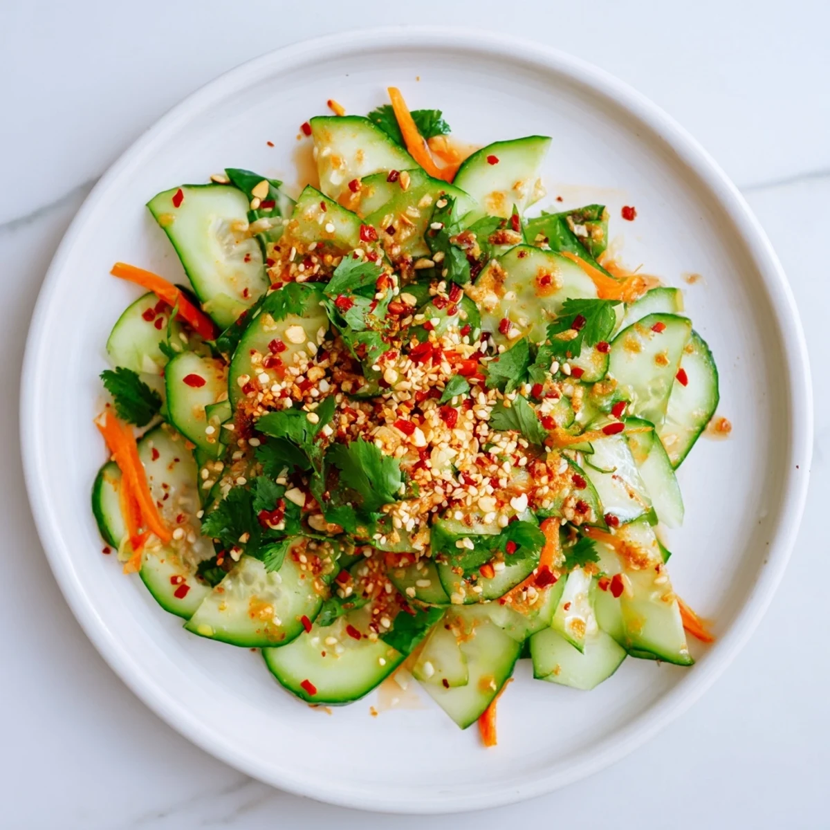 Fresh crisp Asian cucumber salad with thinly sliced cucumbers coated in tangy sesame ginger dressing and sprinkled with toasted sesame seeds