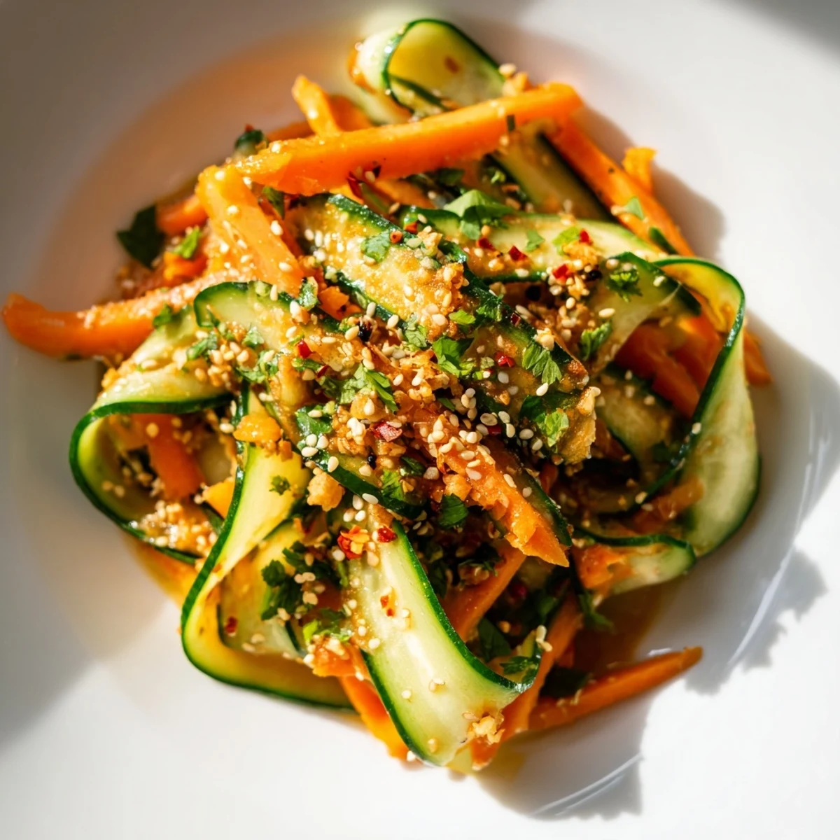 Vibrant bowl of crisp Asian cucumber salad featuring crunchy vegetables marinated in savory soy rice vinegar sauce with green onion garnish