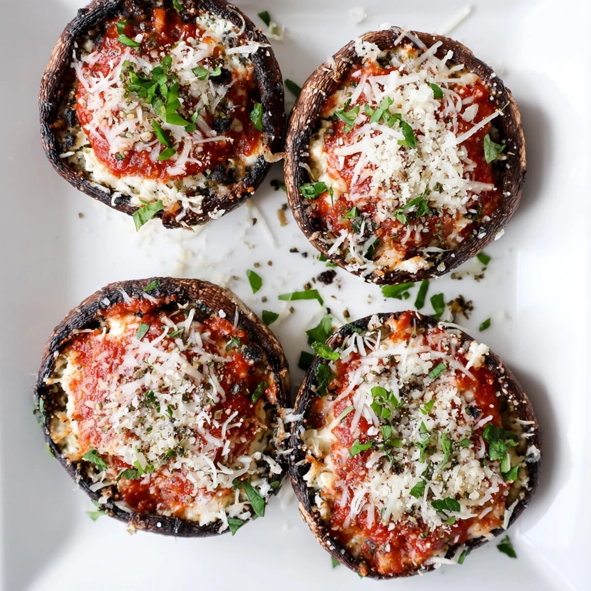 Golden stuffed lasagna portobellos bubbling with melted mozzarella over rich ricotta filling in oven-baked mushroom caps