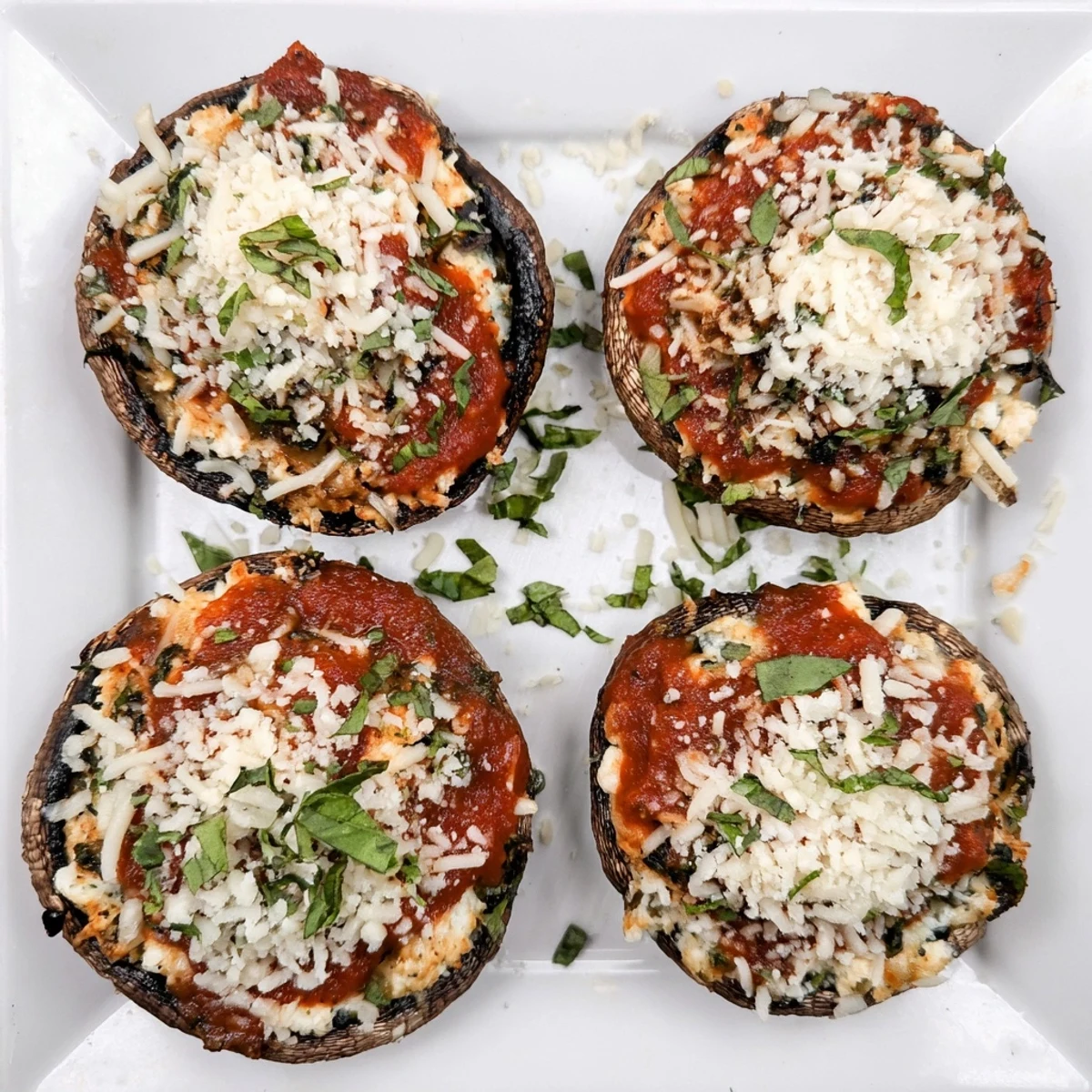 Roasted mushroom caps filled with creamy ricotta and herbs, smothered in red sauce and browned cheese topping