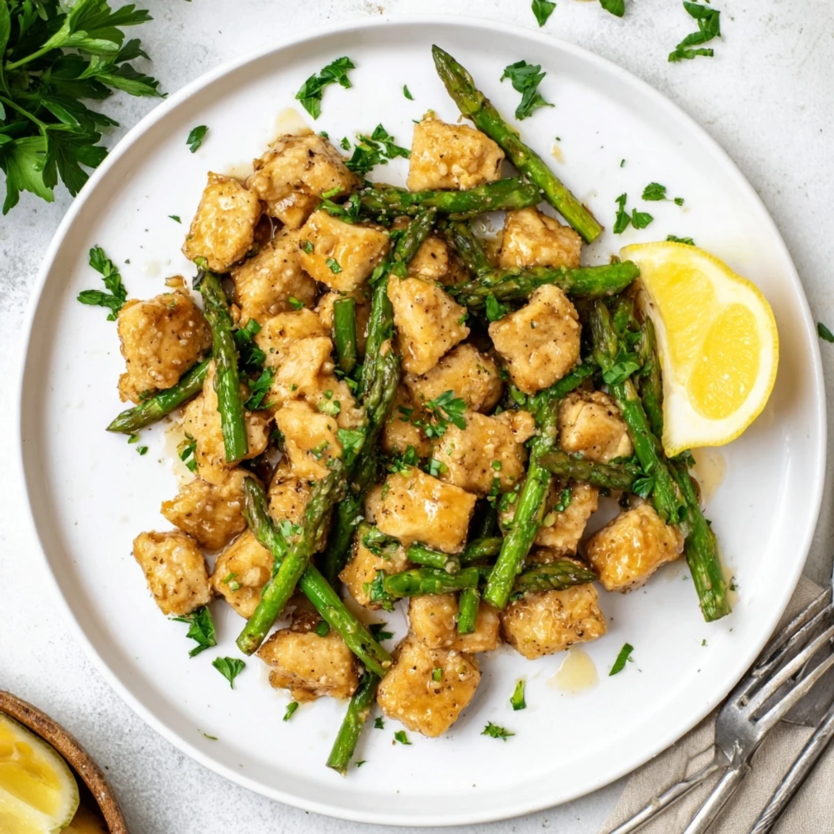 Golden brown garlic butter chicken bites with crisp asparagus spears in a rich buttery sauce