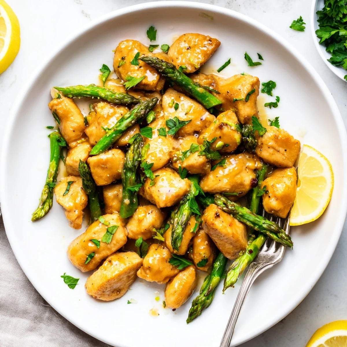 Savory chicken bites with asparagus swimming in a creamy garlic butter sauce with lemon wedges