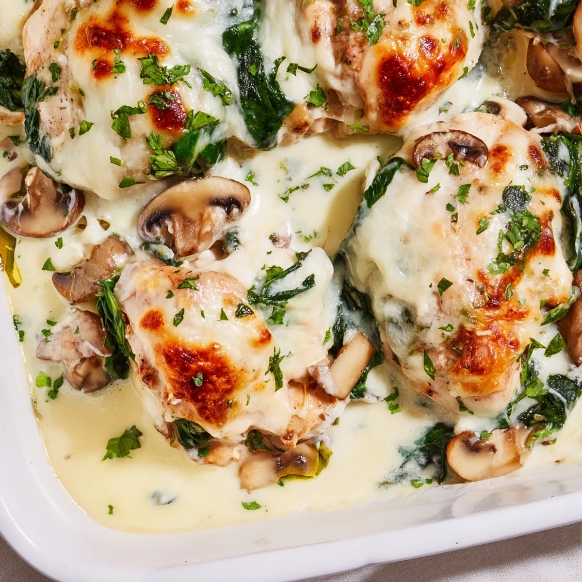 Creamy low carb chicken spinach mushroom bake casserole featuring tender seared chicken breasts