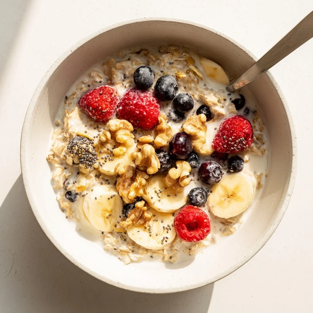 Wholesome brown sugar overnight oats bowl with vanilla yogurt and banana slices ready for breakfast