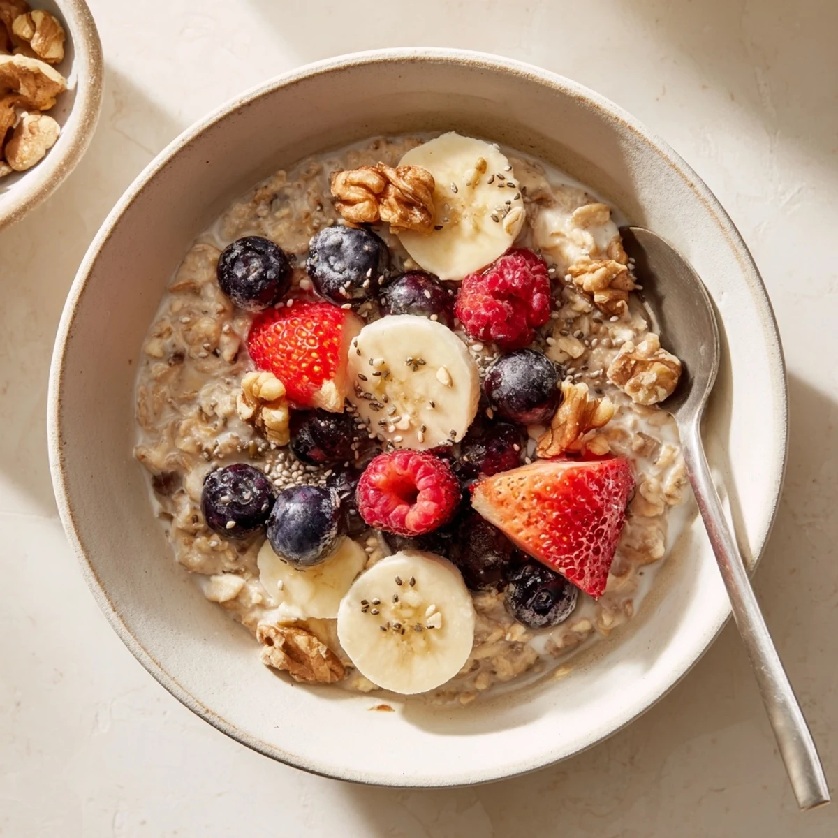 Layered brown sugar overnight oats parfait with chia seeds and milk for easy meal prep breakfast