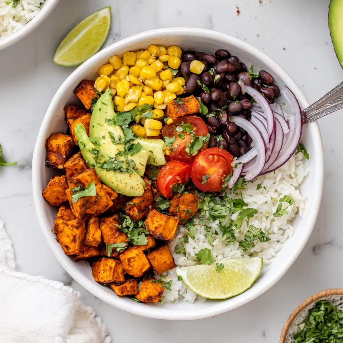 Colorful vegan sweet potato burrito bowl piled high with roasted sweet potatoes, black beans, and fresh avocado slices