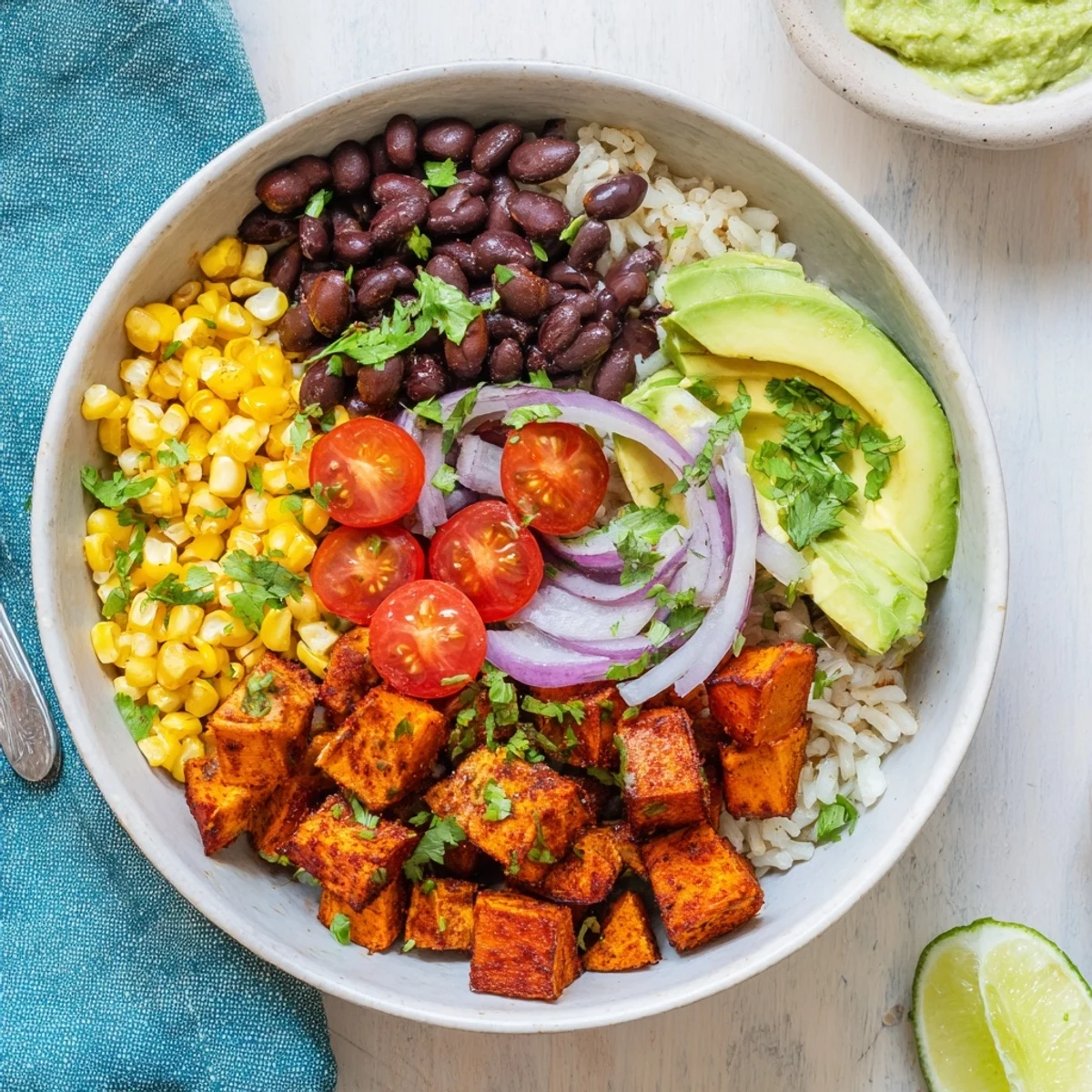 Wholesome vegan sweet potato burrito bowl topped with creamy avocado, juicy tomatoes, roasted corn, and zesty lime wedges