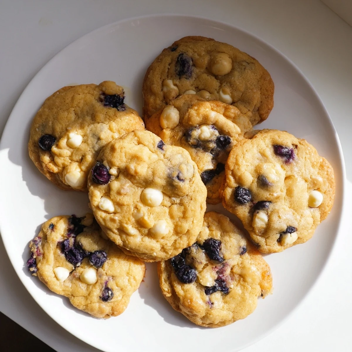 Golden chewy lemon blueberry cookies dotted with juicy blueberries on a wire cooling rack