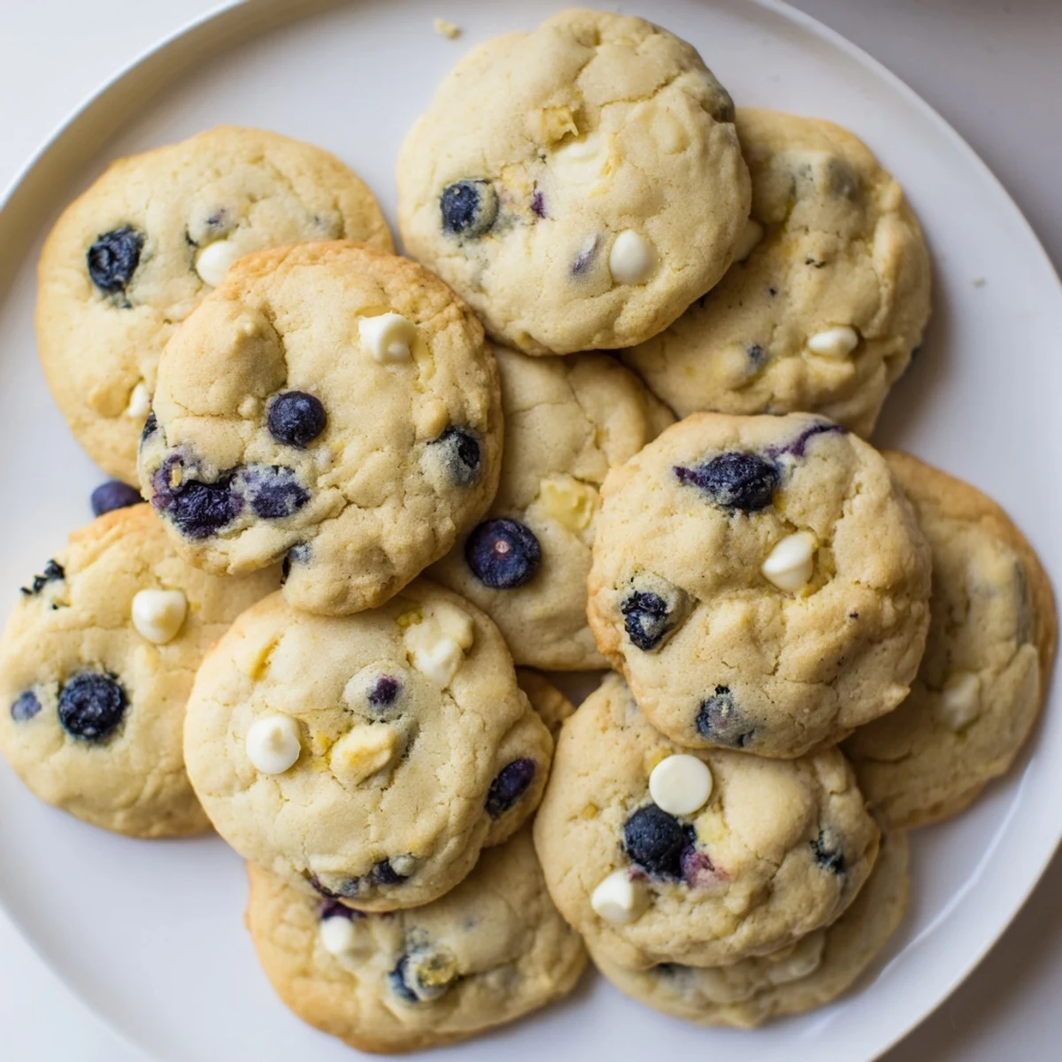 Plate of tangy lemon blueberry cookies with powdered sugar dusting and fresh berries