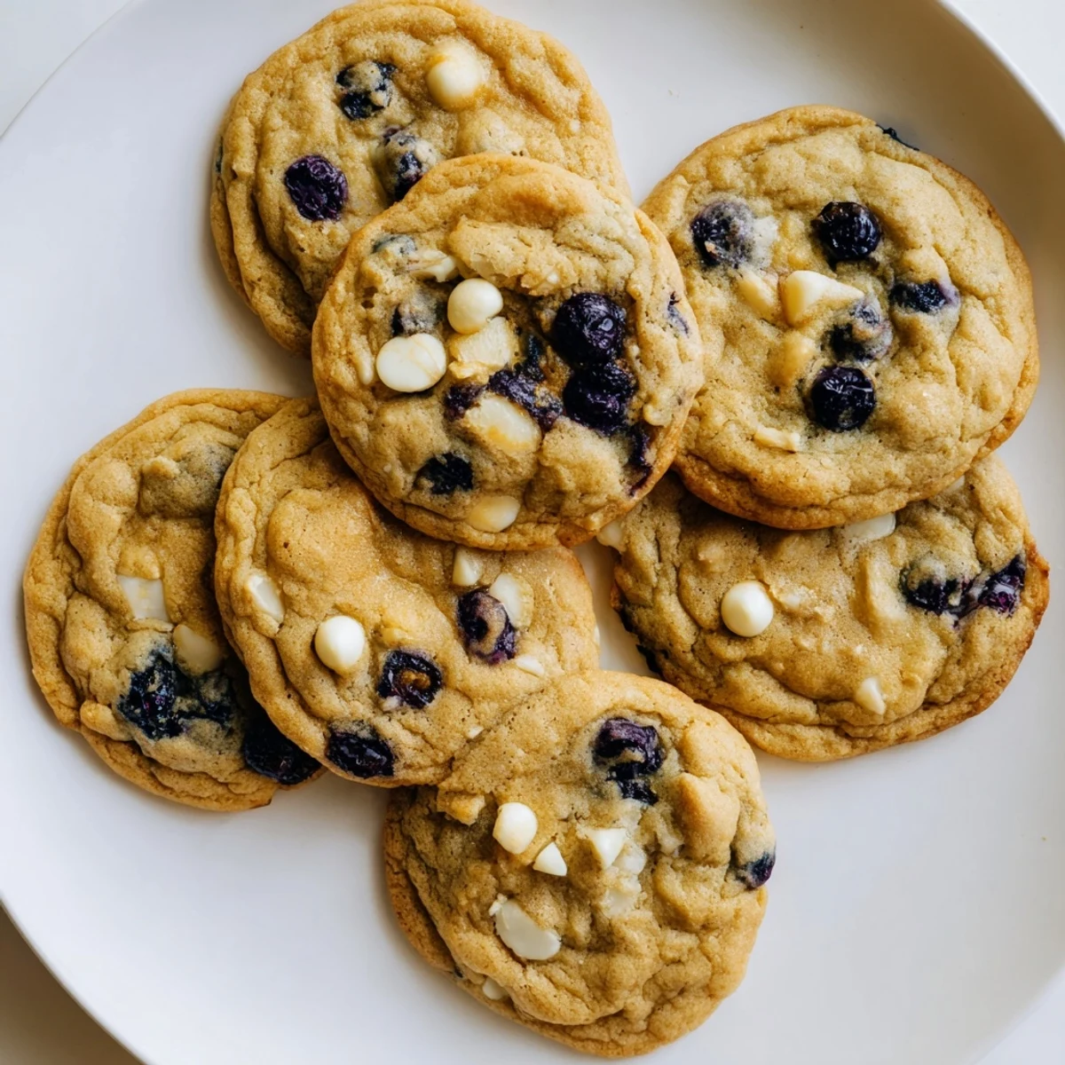 Soft baked lemon blueberry cookies with fresh berries and white chocolate chips close-up