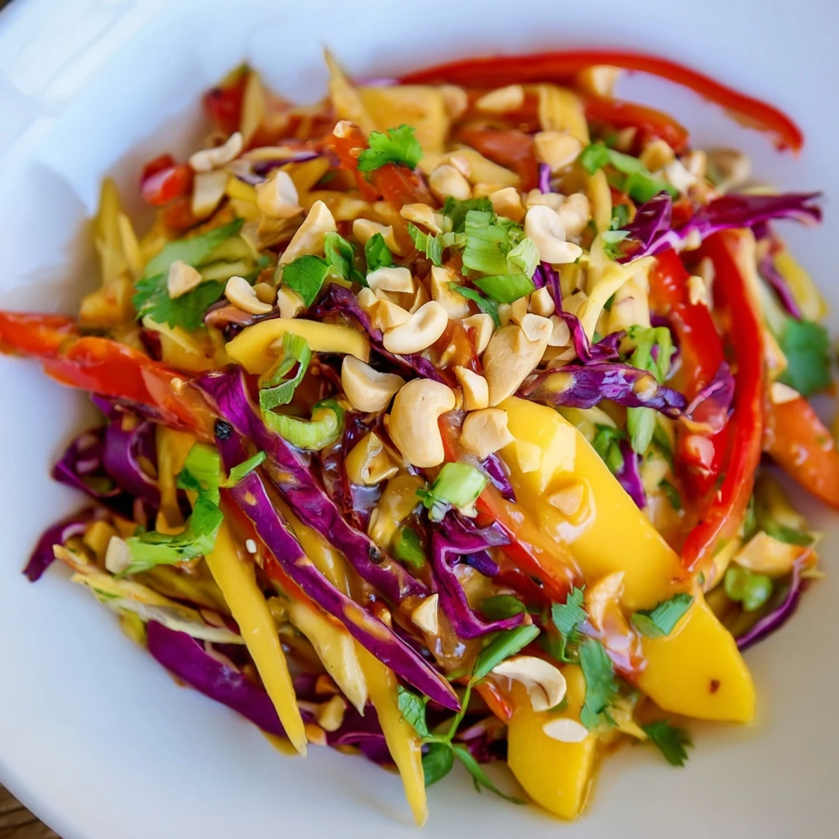 Fresh mango slaw with crisp red cabbage and carrots in a zesty lime dressing.