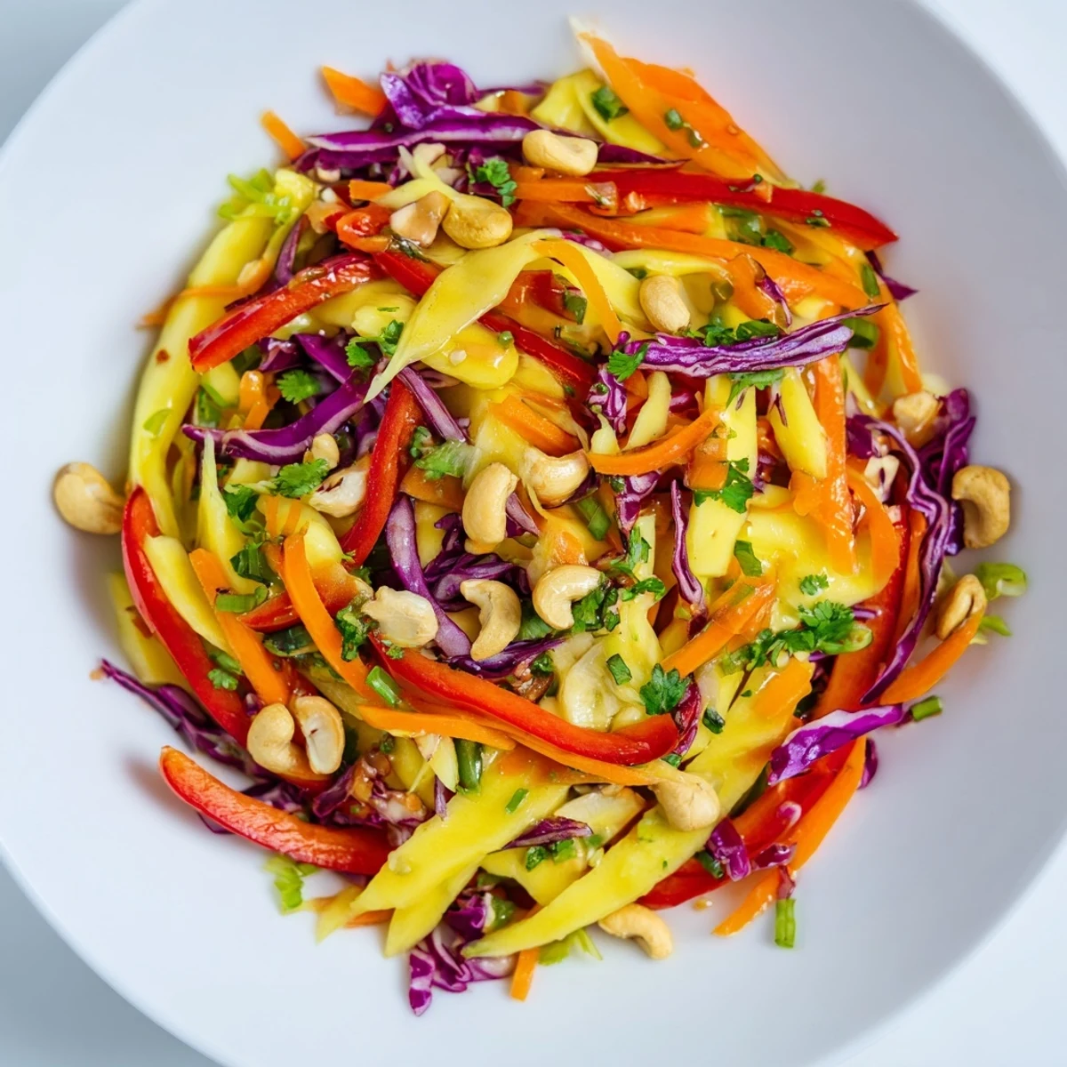 Vibrant summer mango slaw featuring julienned vegetables and tangy honey lime vinaigrette.