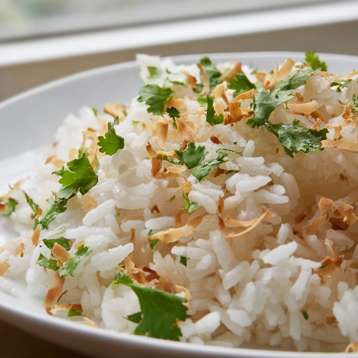 Steaming plate of fluffy coconut rice served alongside Thai curry with scallion sprinkles on top