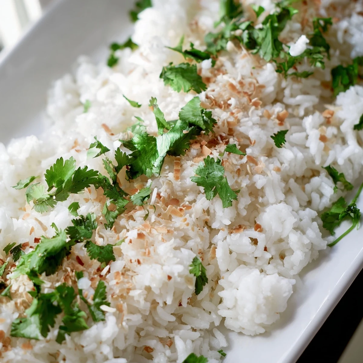 Fluffy coconut rice garnished with toasted coconut flakes and fresh cilantro in a white serving bowl