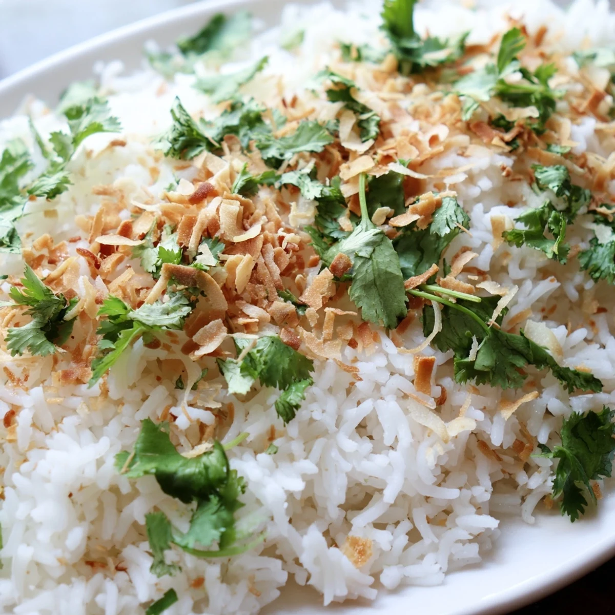 Close-up of tender fluffy coconut rice grains garnished with cilantro and crispy coconut toppings
