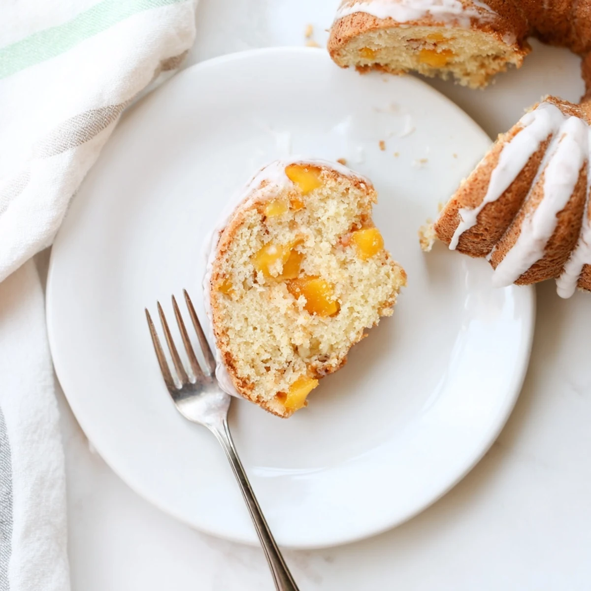 Golden peach cobbler pound cake drizzled with vanilla glaze on a white serving plate