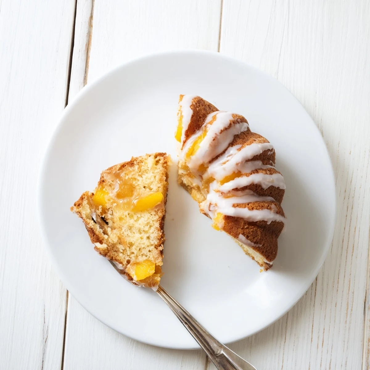 Buttery pound cake layered with spiced peaches topped with sweet white glaze and fresh peach slices