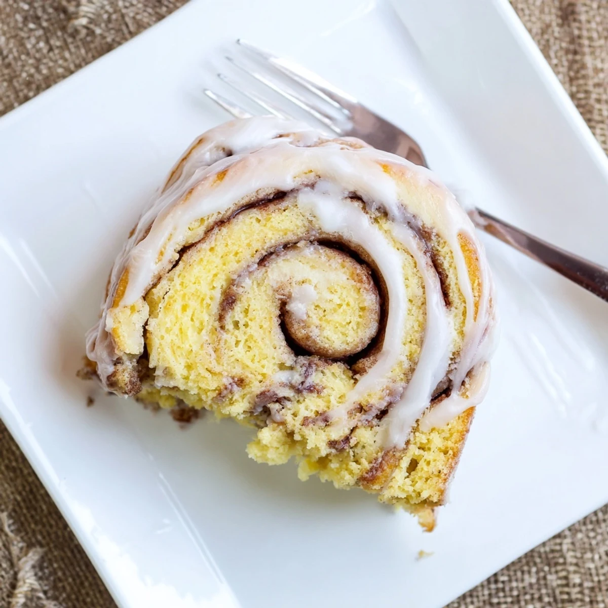 Warm slice of swirled cinnamon roll cake with buttery layers and powdered sugar topping