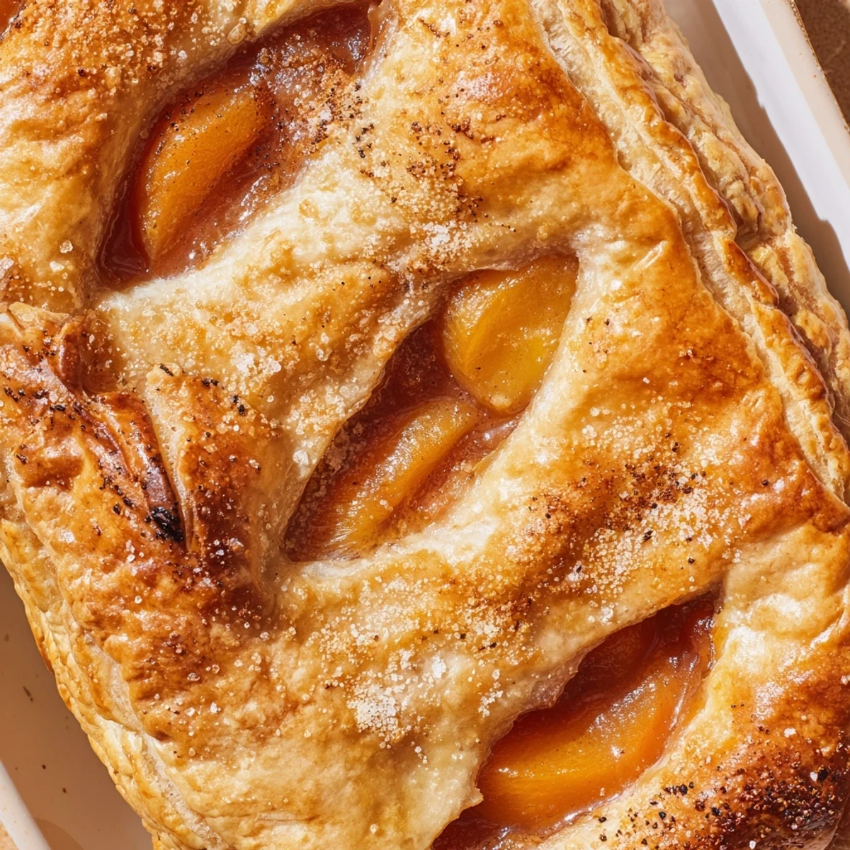 Golden brown peach cobbler with bubbling fruit filling and flaky homemade pastry crust