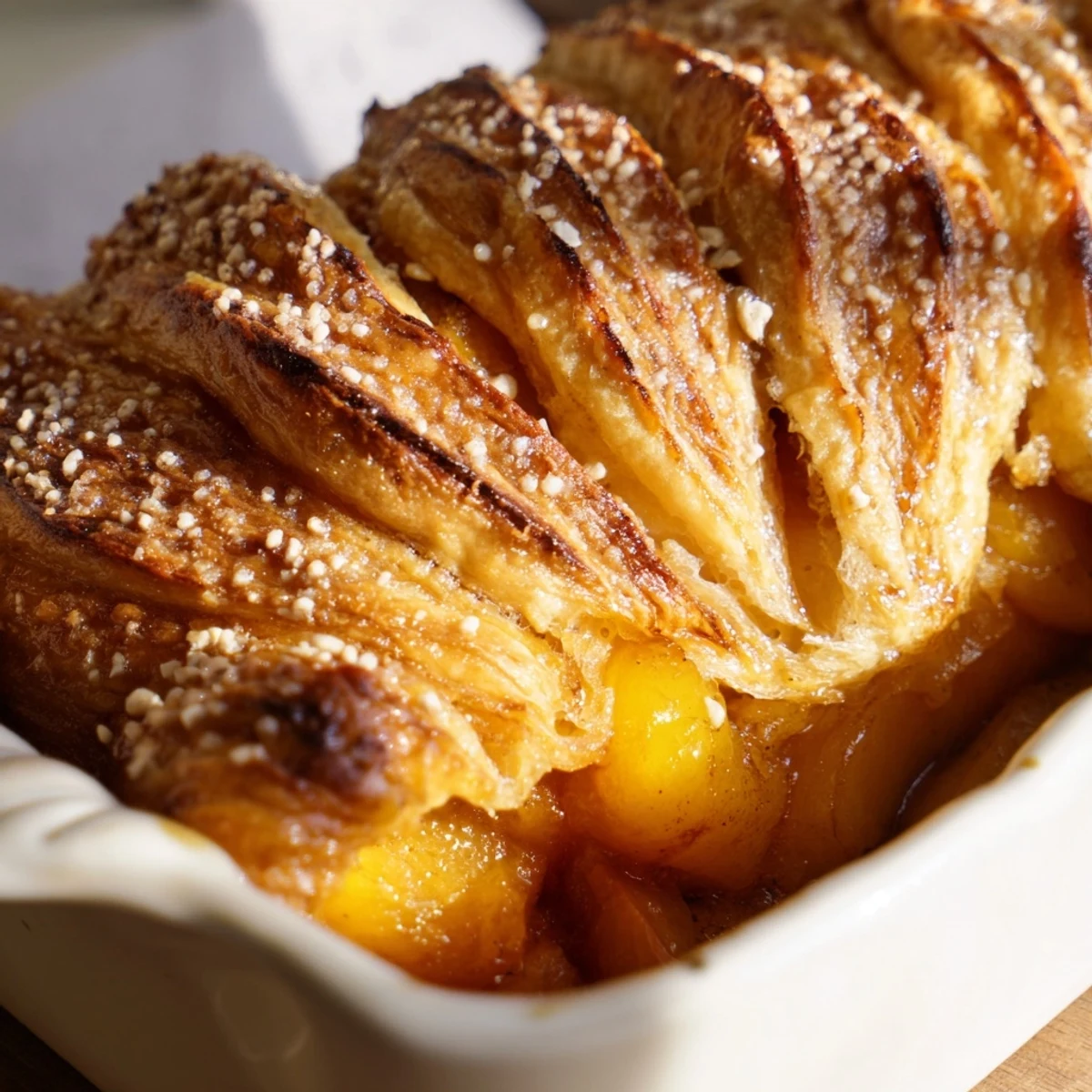 Classic peach cobbler fresh from the oven with juicy sweet peaches beneath crisp pastry topping