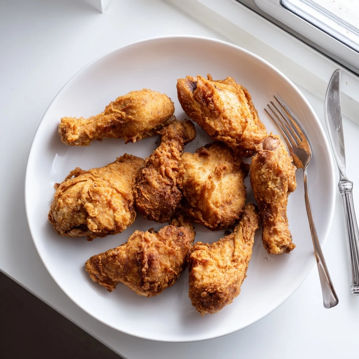 Golden brown crispy Southern fried chicken pieces arranged on a wire rack after frying