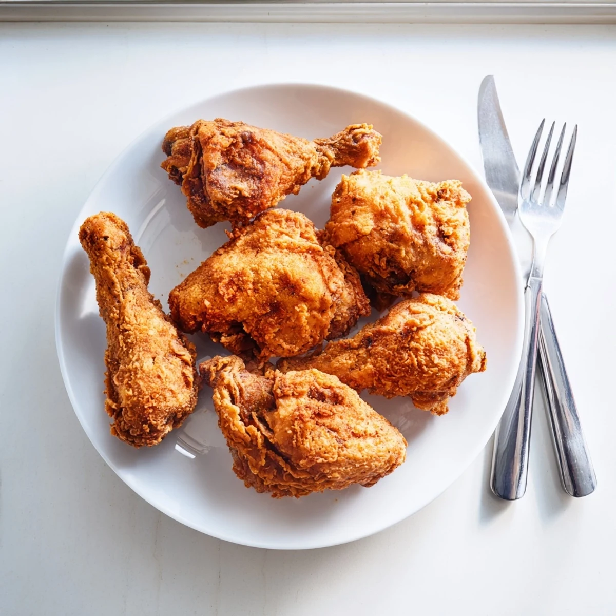 Buttermilk marinated Southern fried chicken with seasoned flour coating displays a crunchy golden exterior