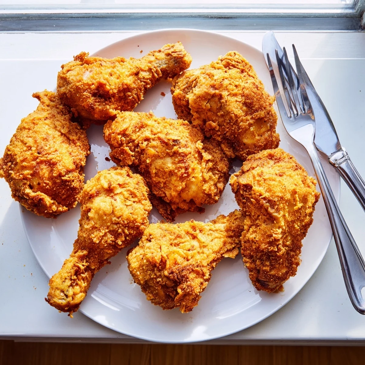Heap of classic Southern fried chicken served on a platter with visible crispy texture