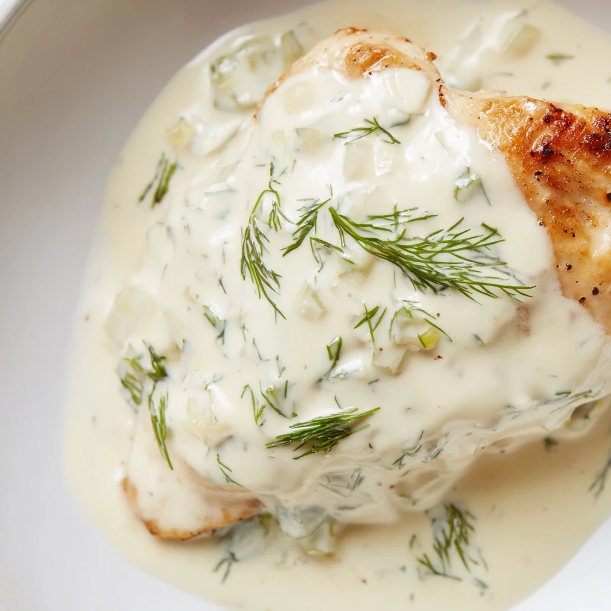 Golden pan-seared chicken breasts swimming in a velvety white dill cream sauce with fresh herb garnish