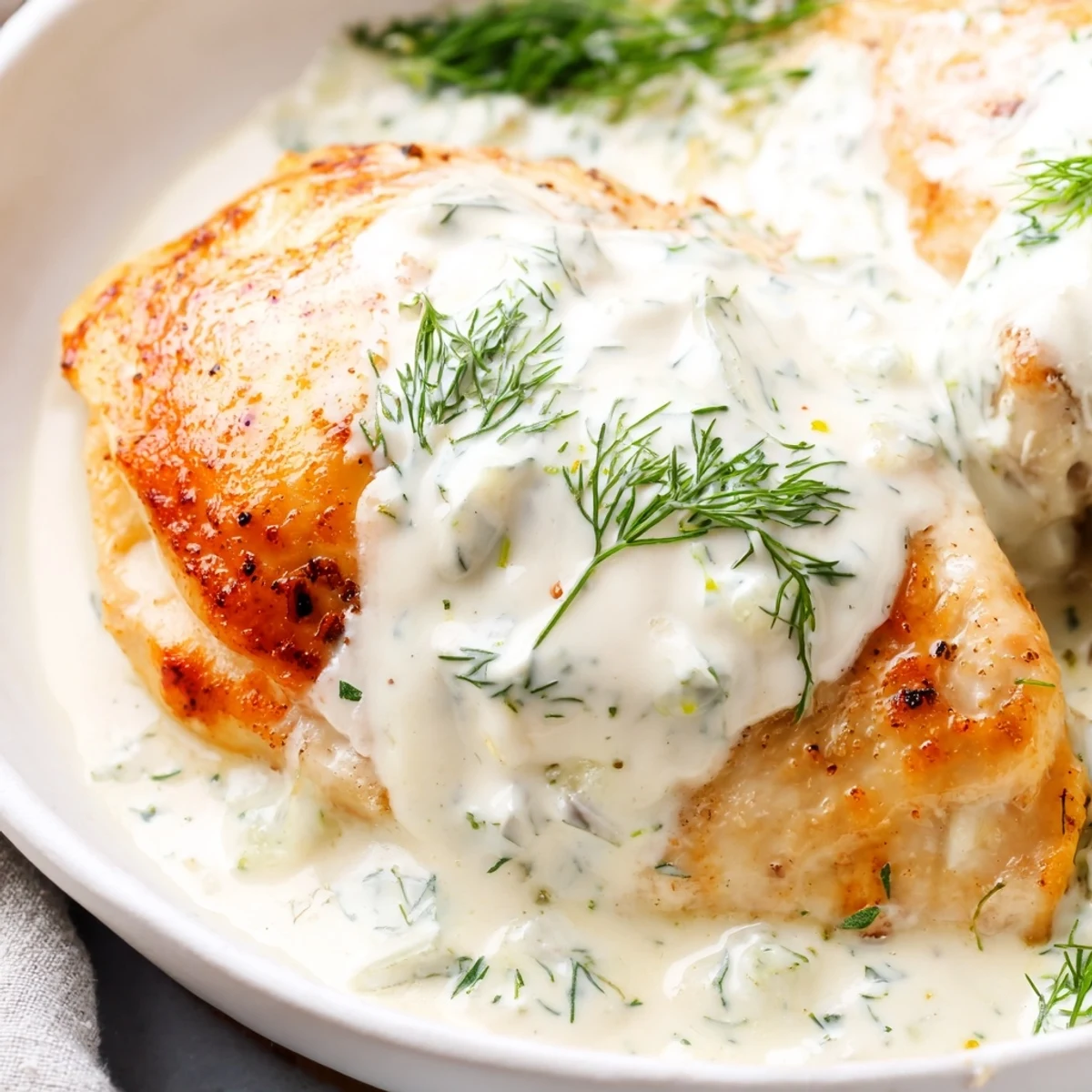 Savory creamy dill chicken with golden brown skin nestled in thick white garlic sauce with fresh dill sprinkles