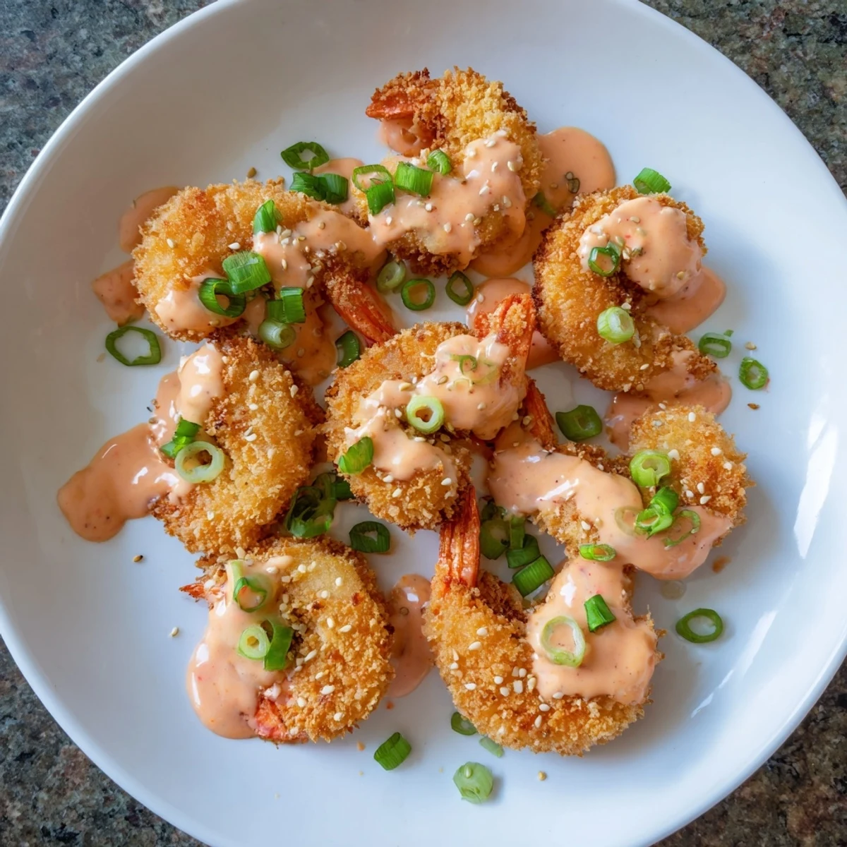 Plate of Bang Bang shrimp appetizer drizzled with sweet chili Sriracha mayonnaise sauce