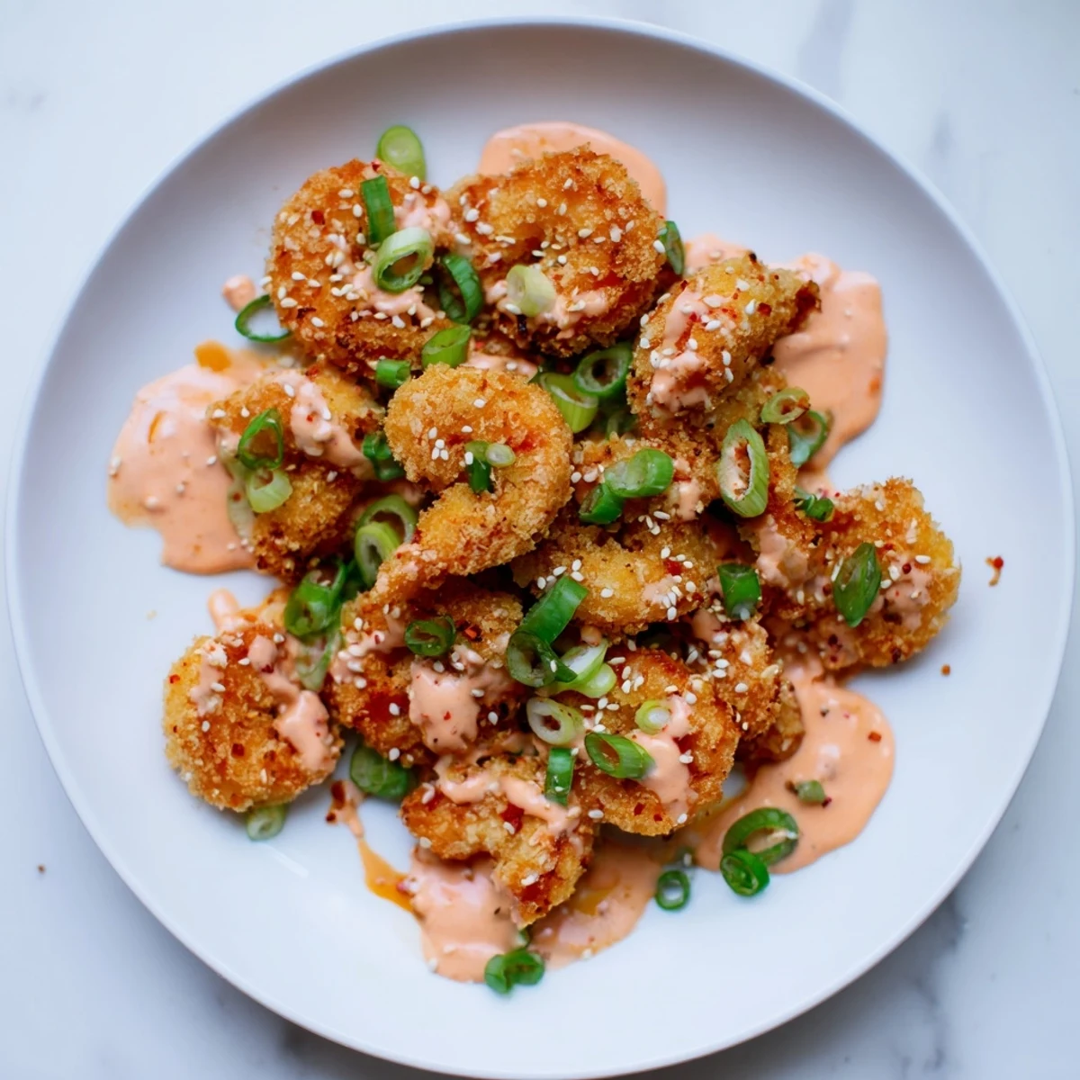 Fried Bang Bang shrimp tossed in tangy sauce topped with sesame seeds