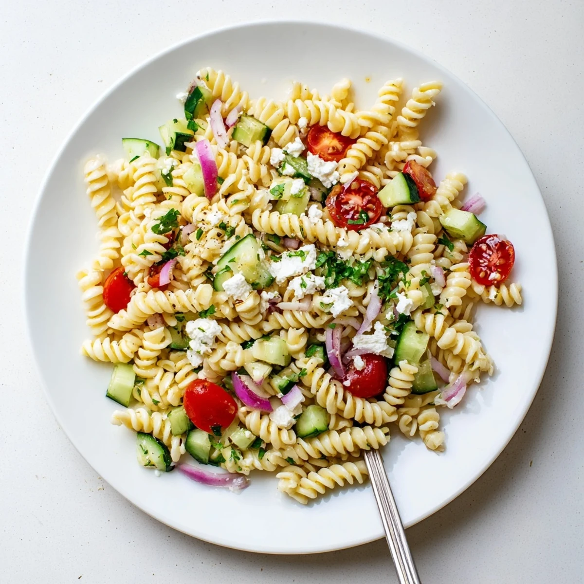 Colorful lemon pasta salad with cherry tomatoes, cucumber, and feta in a serving bowl