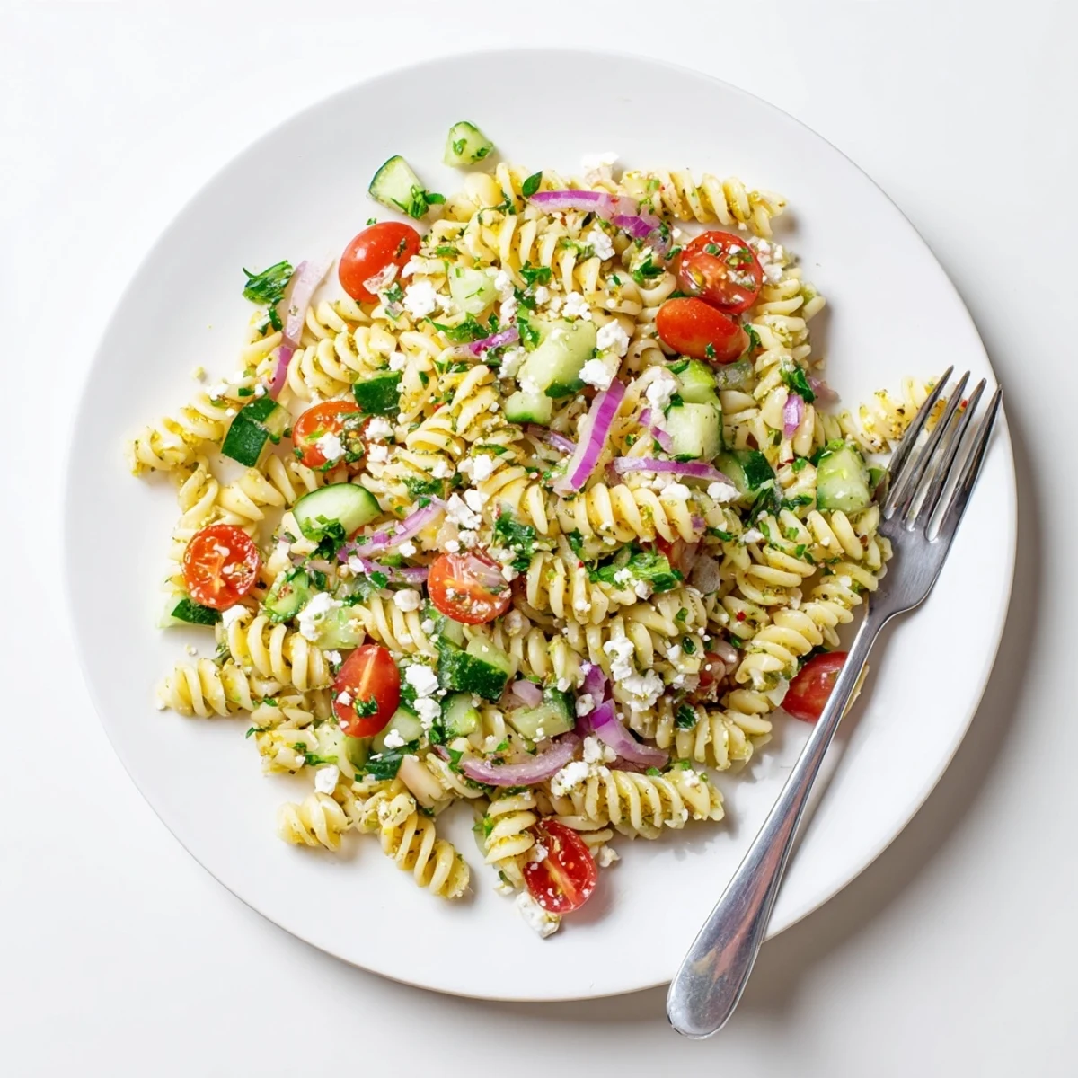 Fresh lemon pasta salad tossed with crisp vegetables and tangy citrus dressing for summer