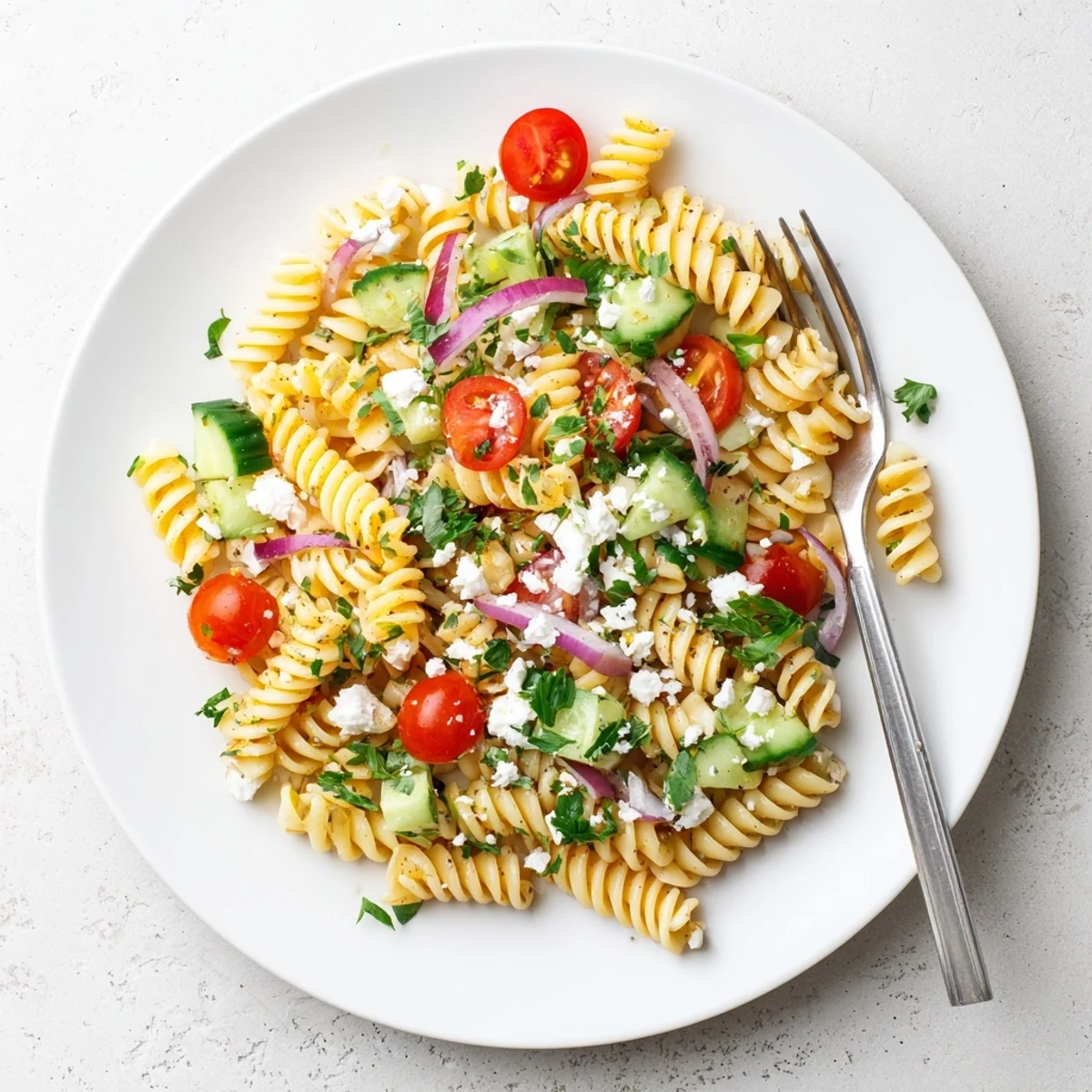 Close-up of lemon pasta salad featuring tender fusilli, herbs, and bright vegetables in daylight