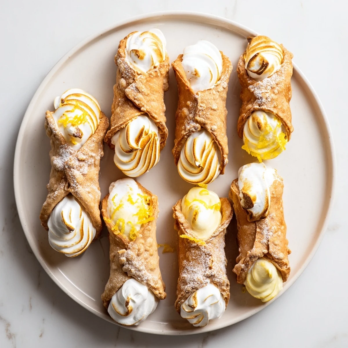 Crispy Italian pastry tubes filled with tangy lemon ricotta cream and fluffy meringue topping